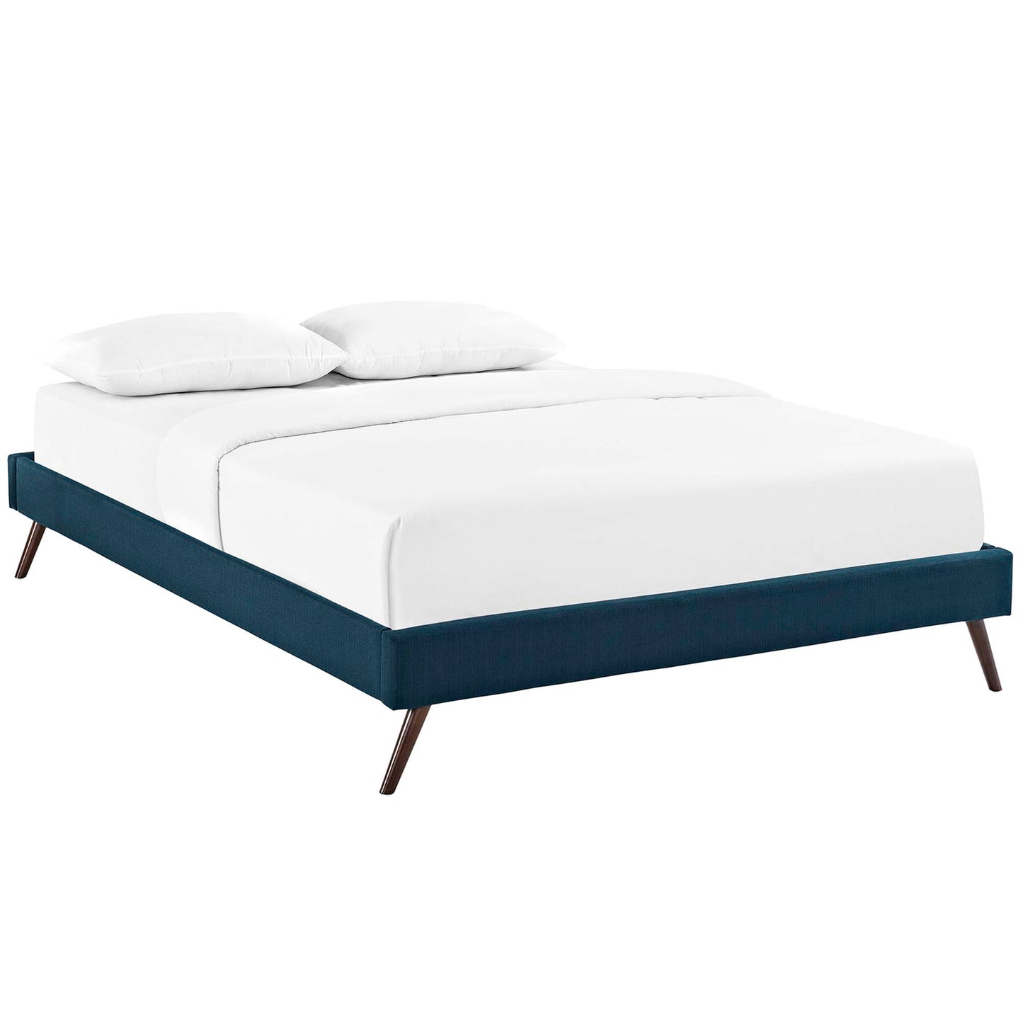 Azure fabric full bed frame with round splayed legs, white bedding with two pillows.