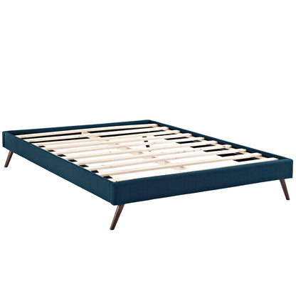 Azure fabric full bed frame with round, splayed legs and light wood slats.