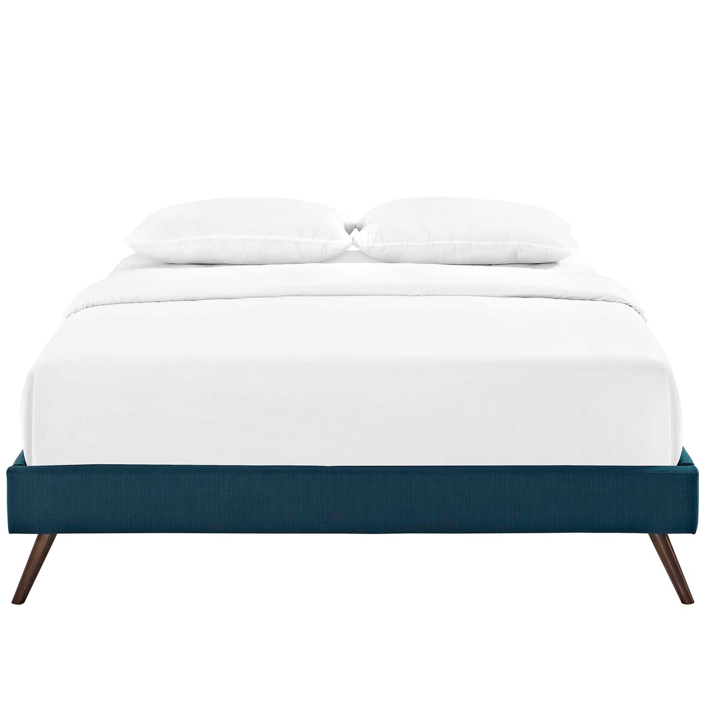 Azure fabric full bed frame with round splayed legs, white sheets and two white pillows.