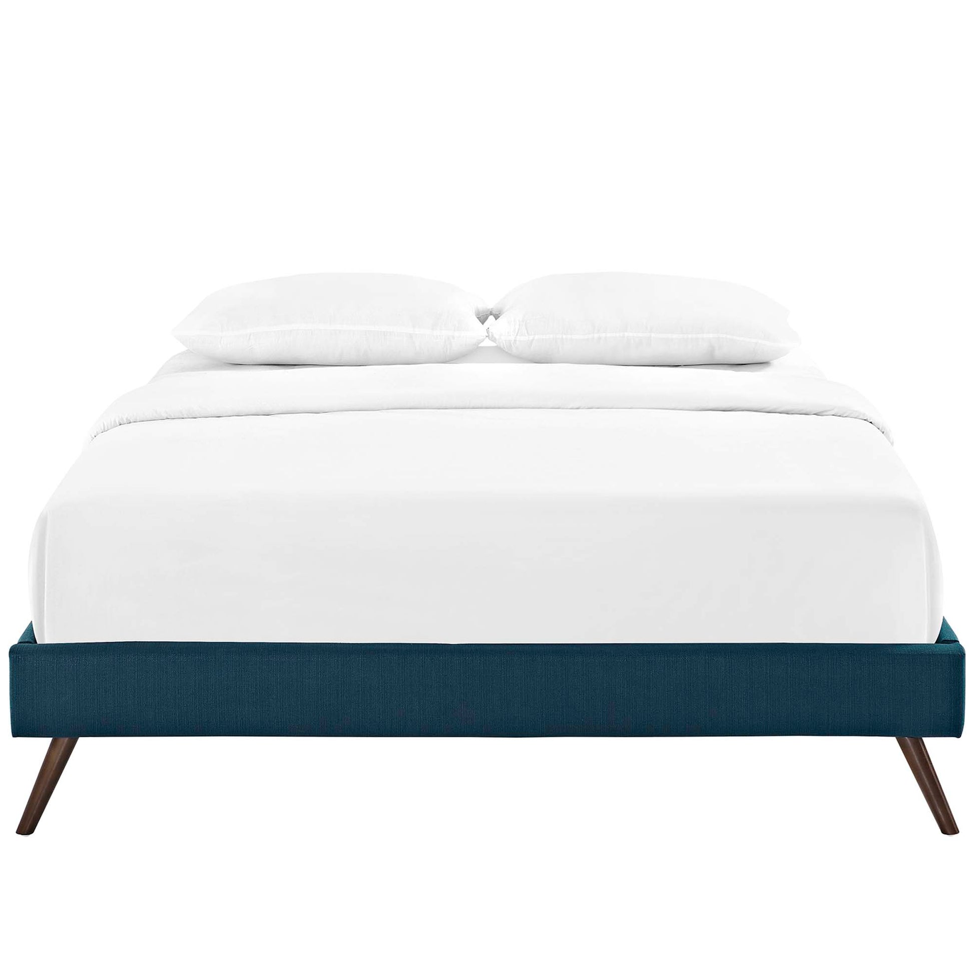 Azure fabric full bed frame with round splayed legs, white sheets and two white pillows.