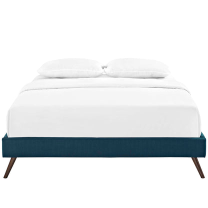 Azure fabric full bed frame with round splayed legs, white sheets and two white pillows.