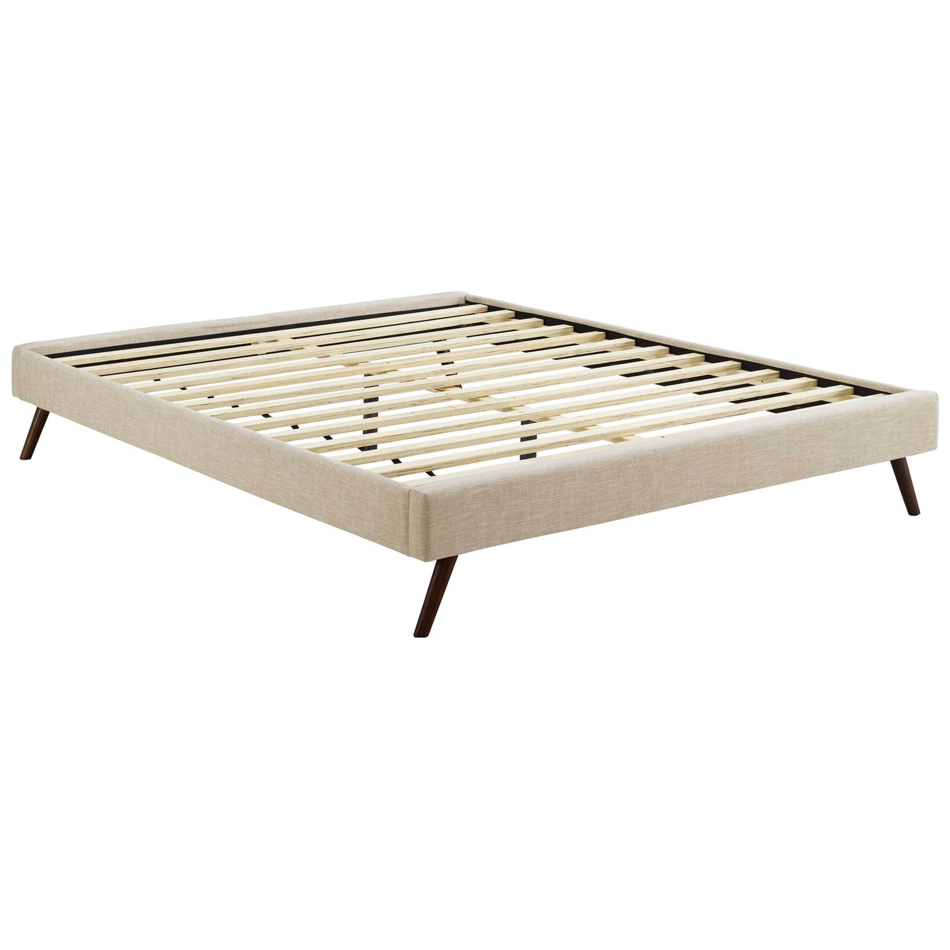 Beige fabric upholstered platform bed frame with slat base and round splayed legs.