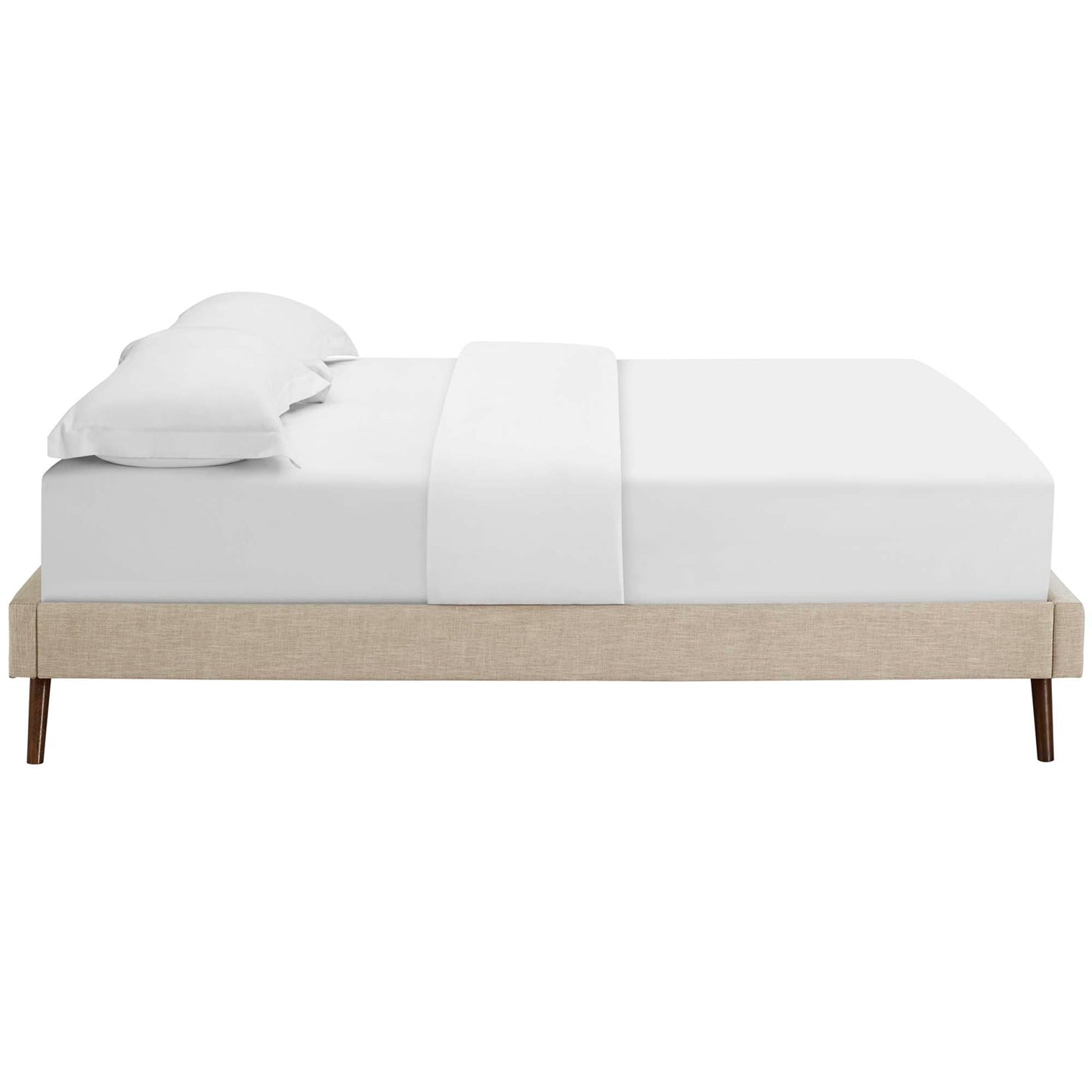Beige fabric full bed frame with white bedding and pillows, round splayed legs, modern minimalist style.