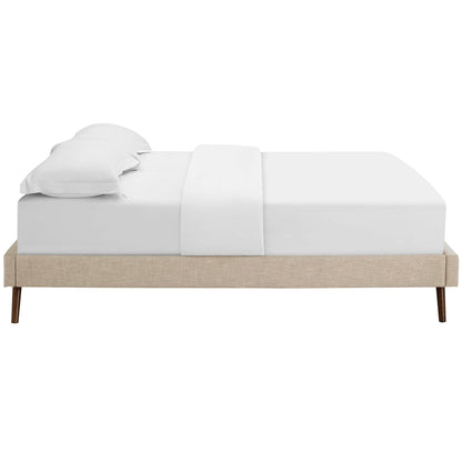 Beige fabric full bed frame with white bedding and pillows, round splayed legs, modern minimalist style.