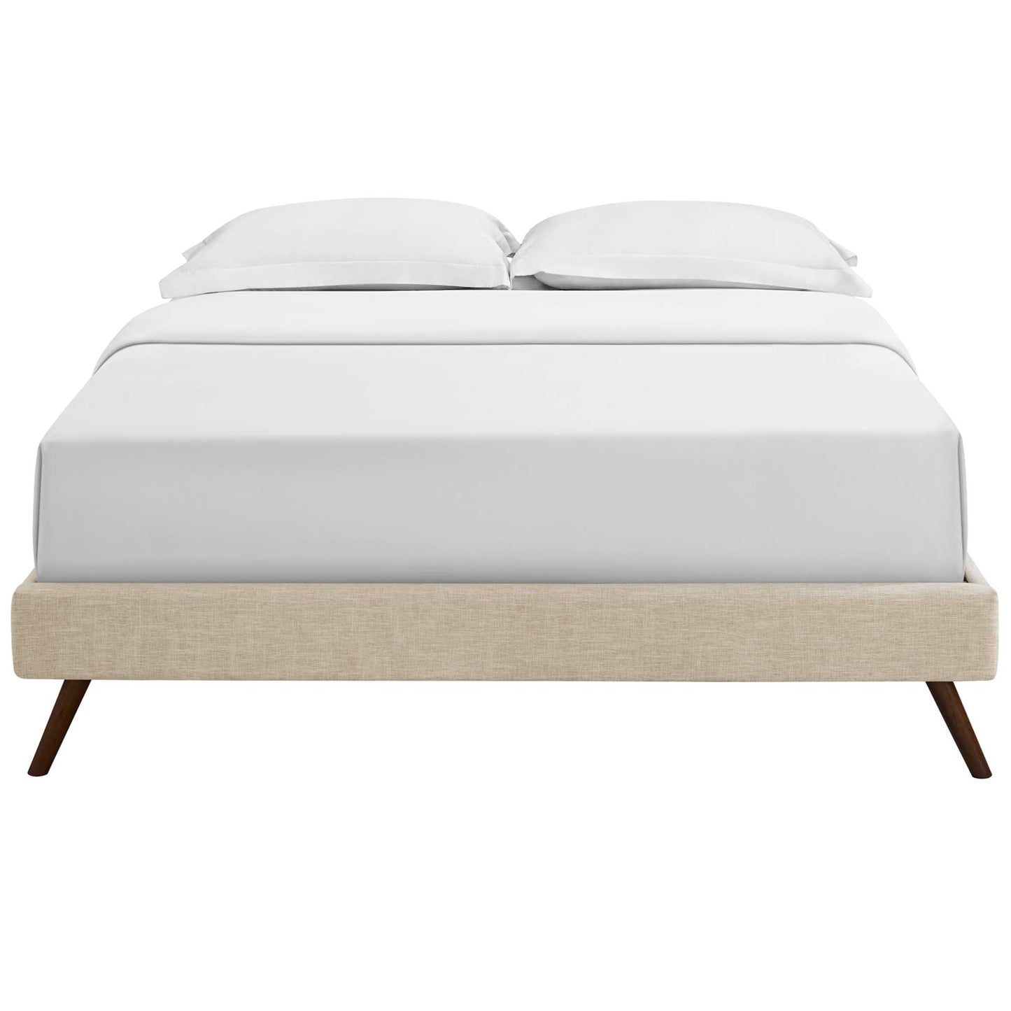 Beige fabric full bed frame with round splayed legs and a low-profile platform design.