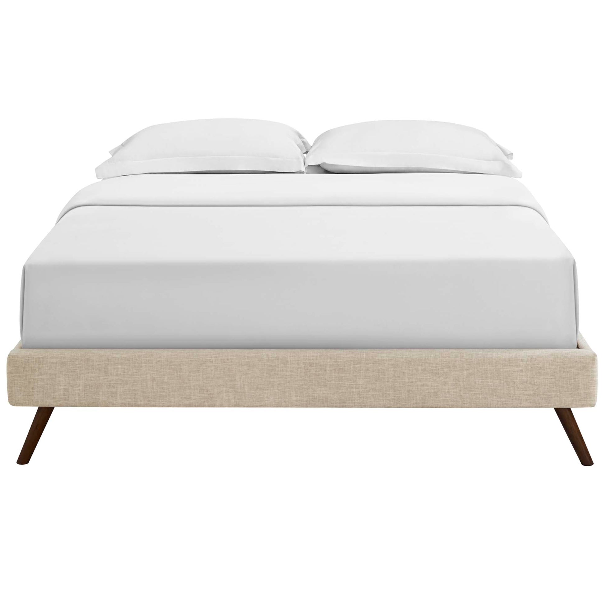Beige fabric full bed frame with round splayed legs and a low-profile platform design.