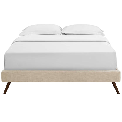Beige fabric full bed frame with round splayed legs and a low-profile platform design.