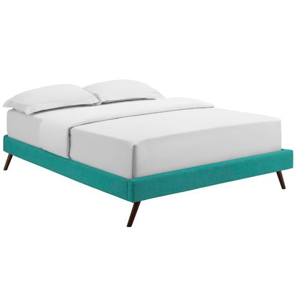 Teal fabric full bed frame with round splayed legs and crisp white bedding.
