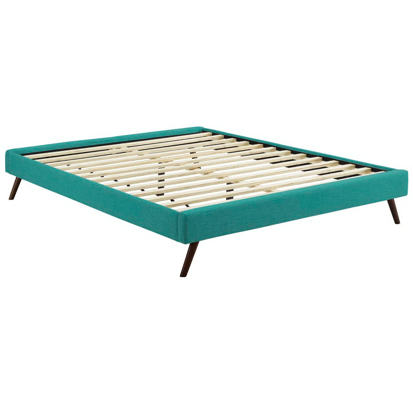 Teal fabric-covered full bed frame with round splayed legs and wooden slats.