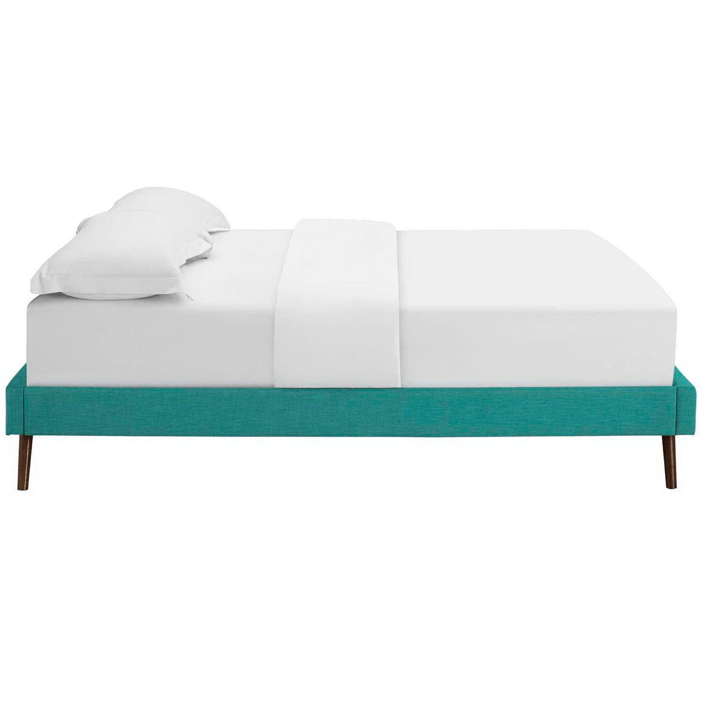 Teal fabric full bed frame with round splayed legs, modern design.