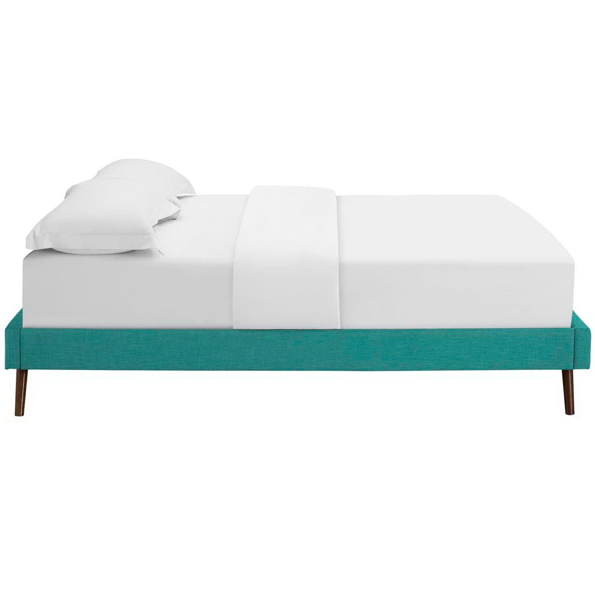 Teal fabric full bed frame with round splayed legs, modern design.