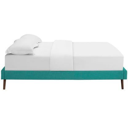 Teal fabric full bed frame with round splayed legs, modern design.