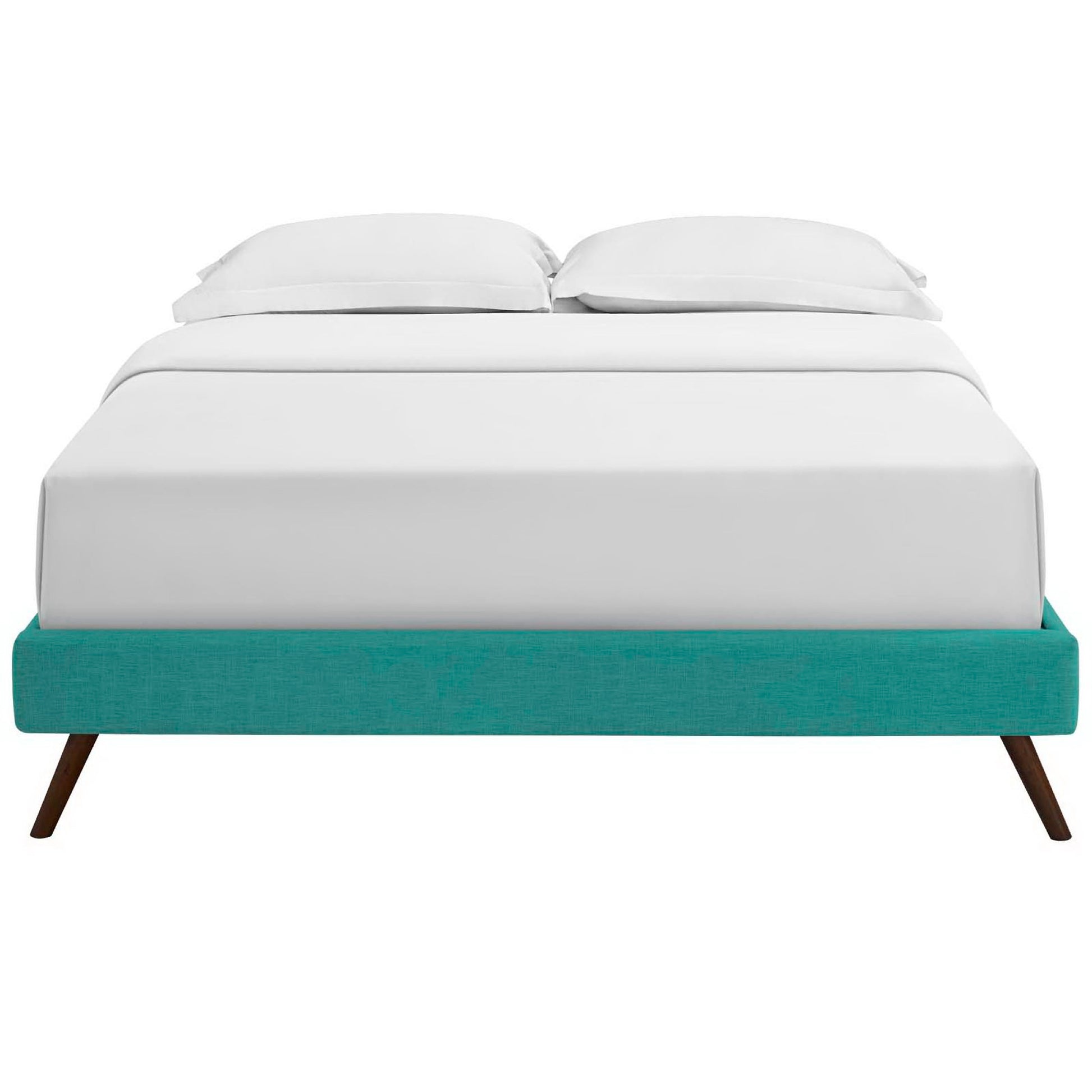 Teal fabric full bed frame with round splayed legs and white bedding, modern minimalist design.