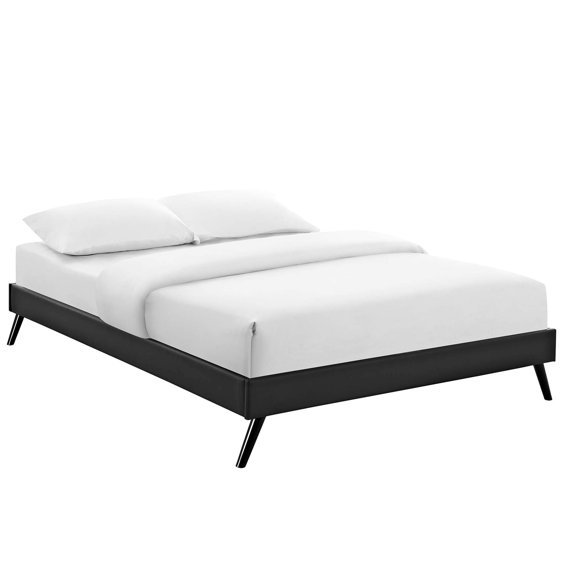 Black vinyl queen bed frame with round splayed legs, shown with a white mattress and white bedding.