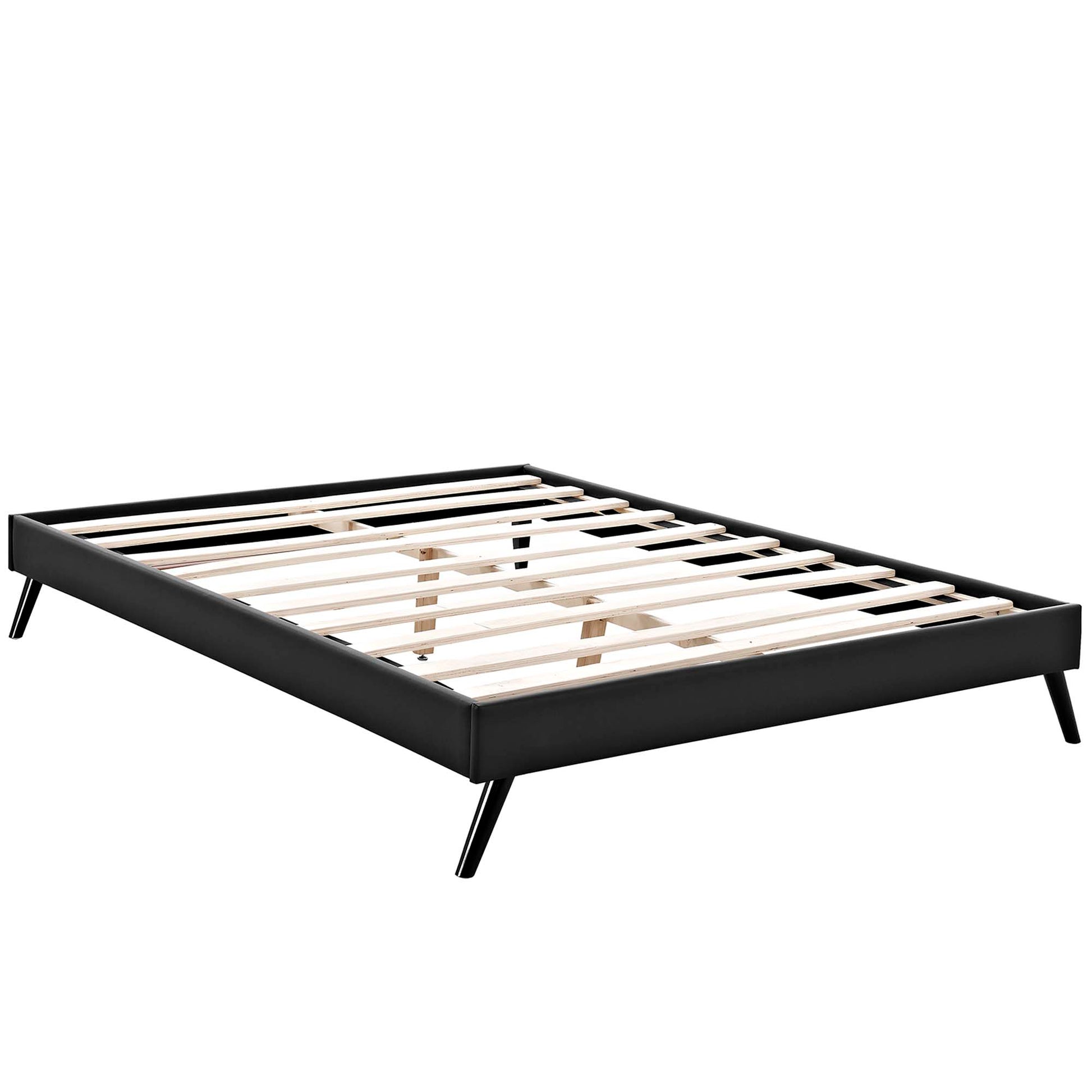 Low-profile black vinyl queen bed frame with round splayed legs.