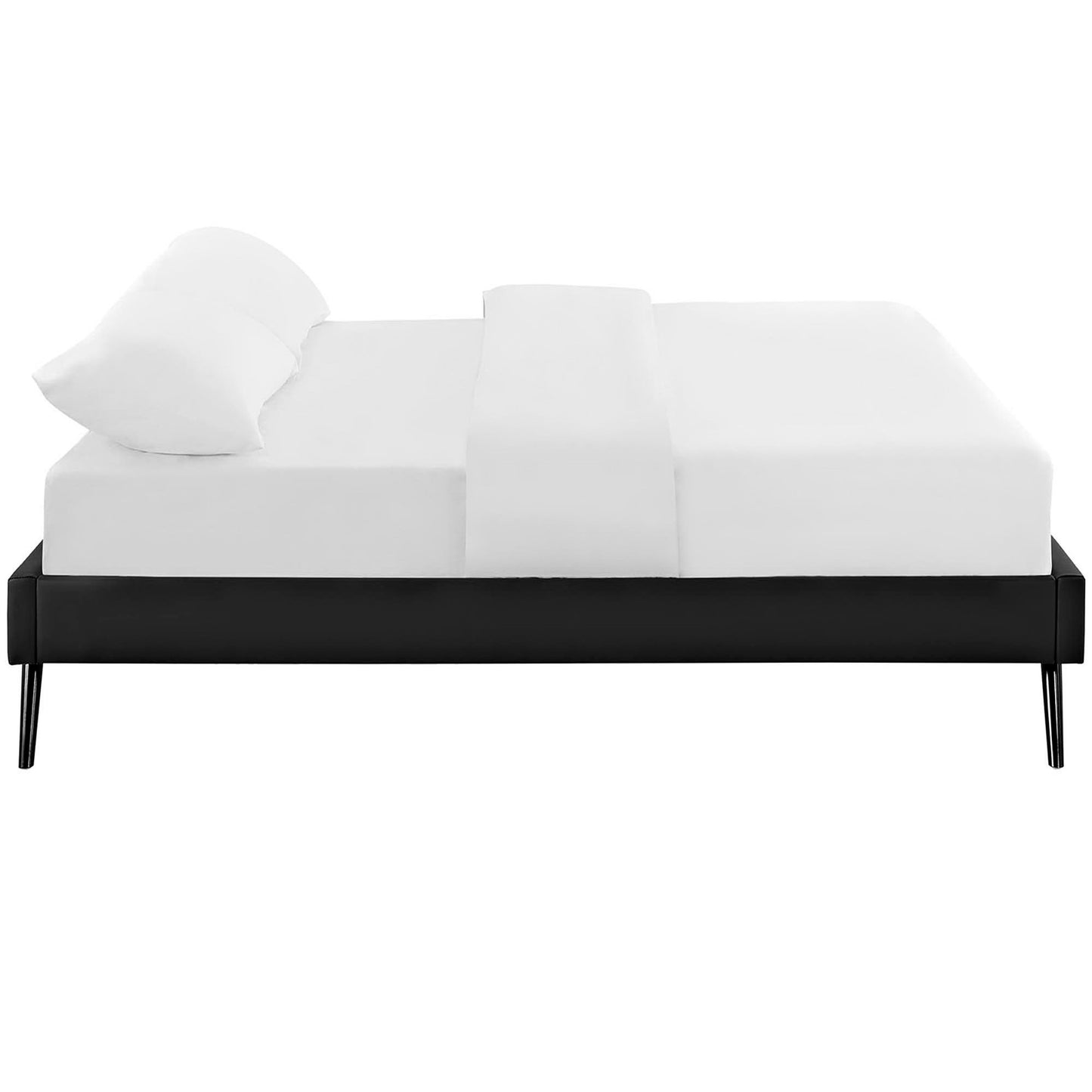 Black low-profile platform queen bed frame with white bedding and two pillows, modern minimalist design.