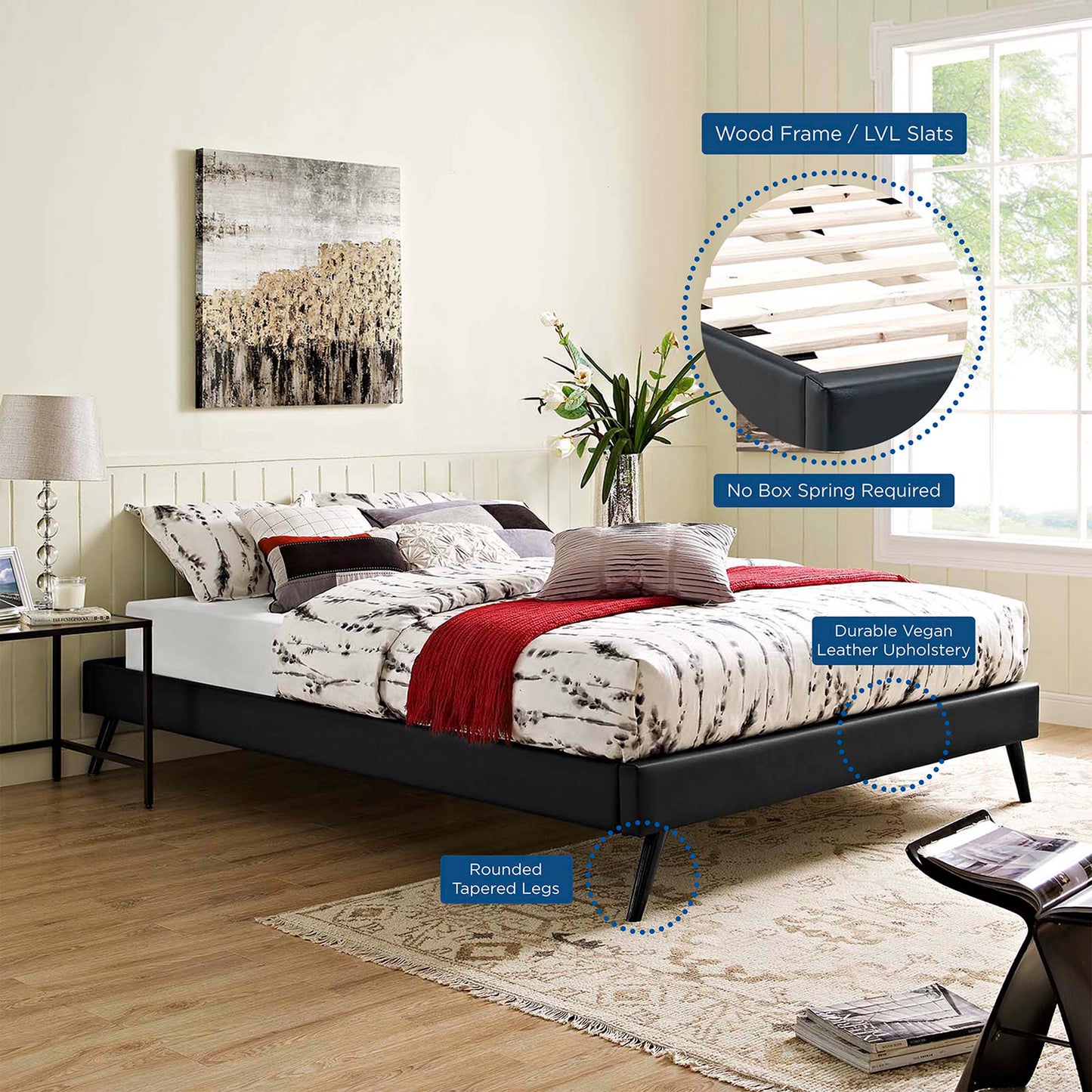 Black vinyl queen bed frame with round splayed legs; wood frame with LVL slats