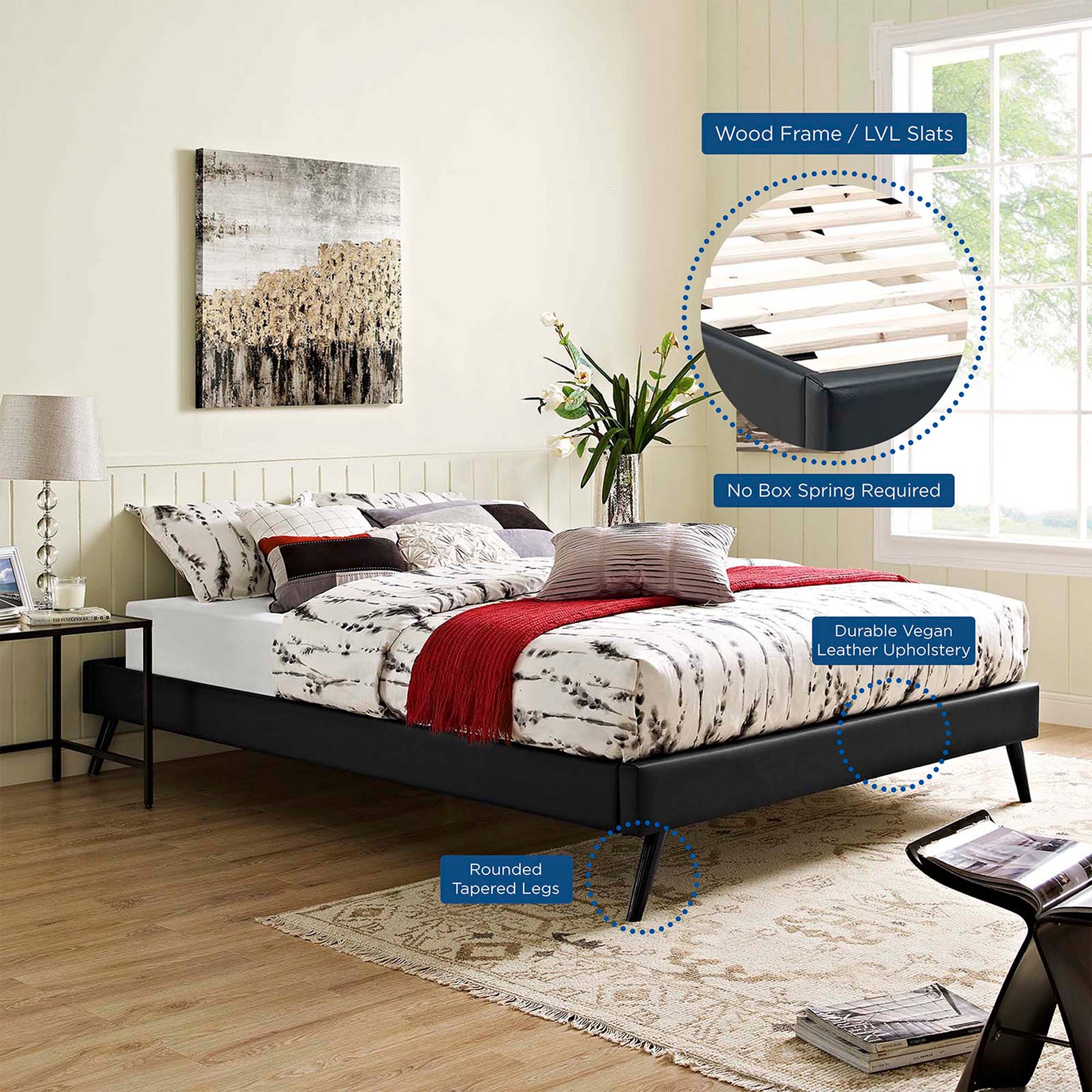 Black vinyl queen bed frame with round splayed legs; wood frame with LVL slats
