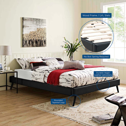 Black vinyl queen bed frame with round splayed legs; wood frame with LVL slats