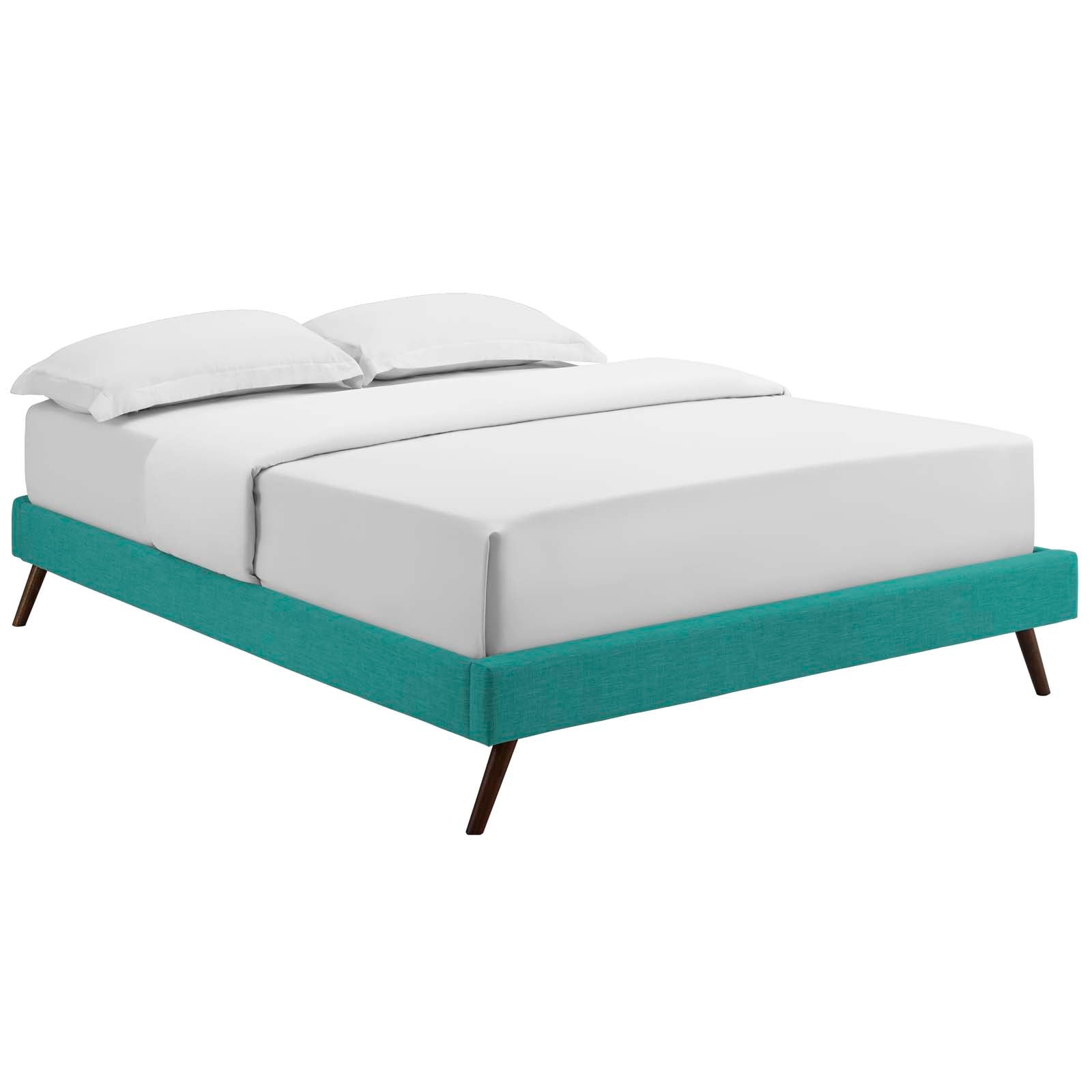 Teal fabric queen bed frame with round splayed legs and white bedding, modern mid-century style.