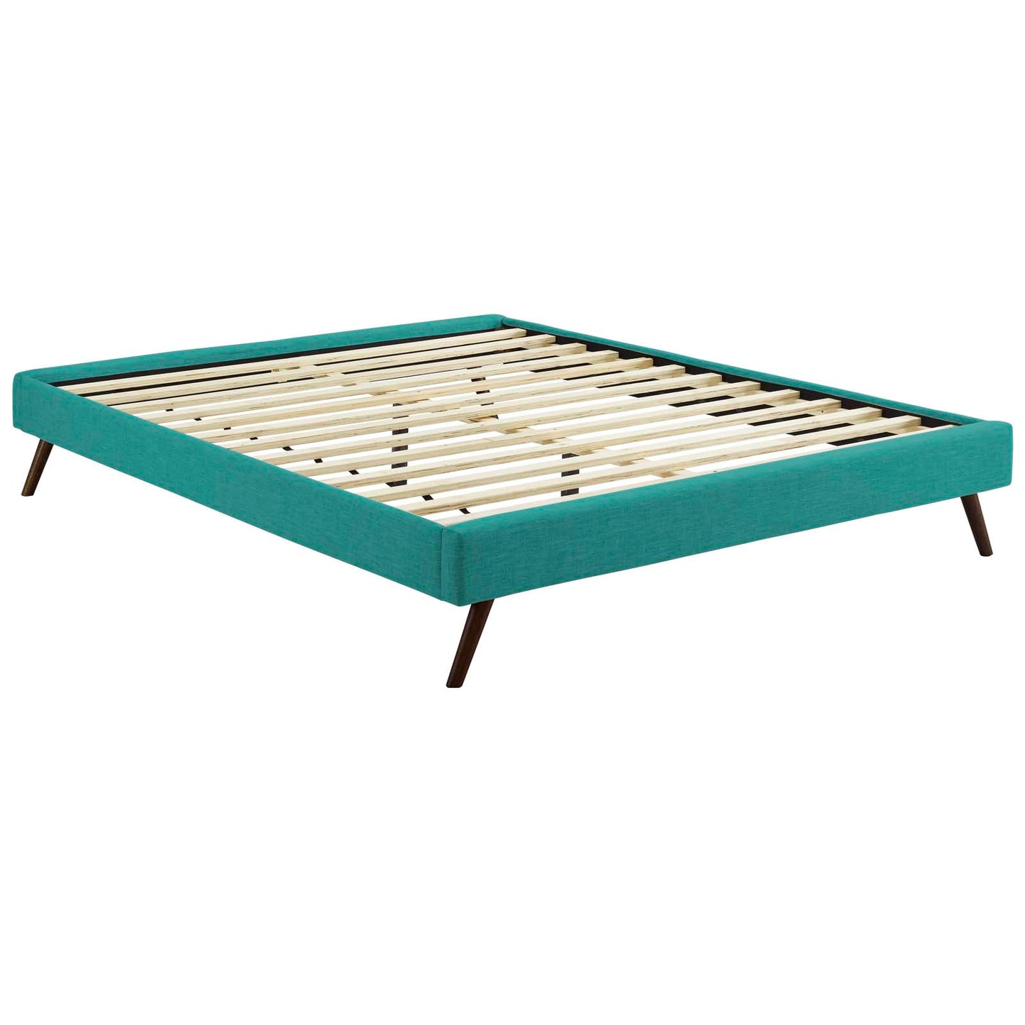 Teal fabric queen bed frame with round splayed legs.