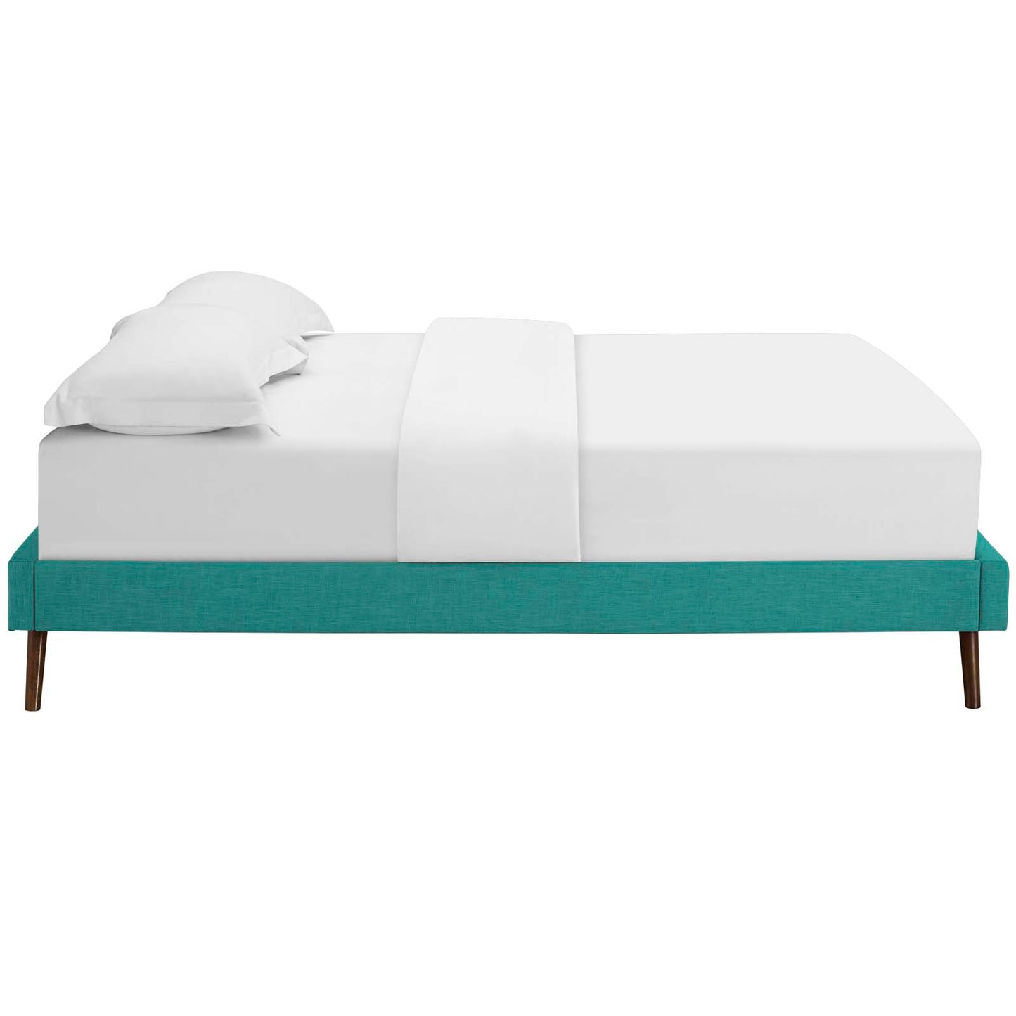 Teal upholstered bed frame with white mattress & pillows, round splayed legs, mid-century modern bedroom furniture.