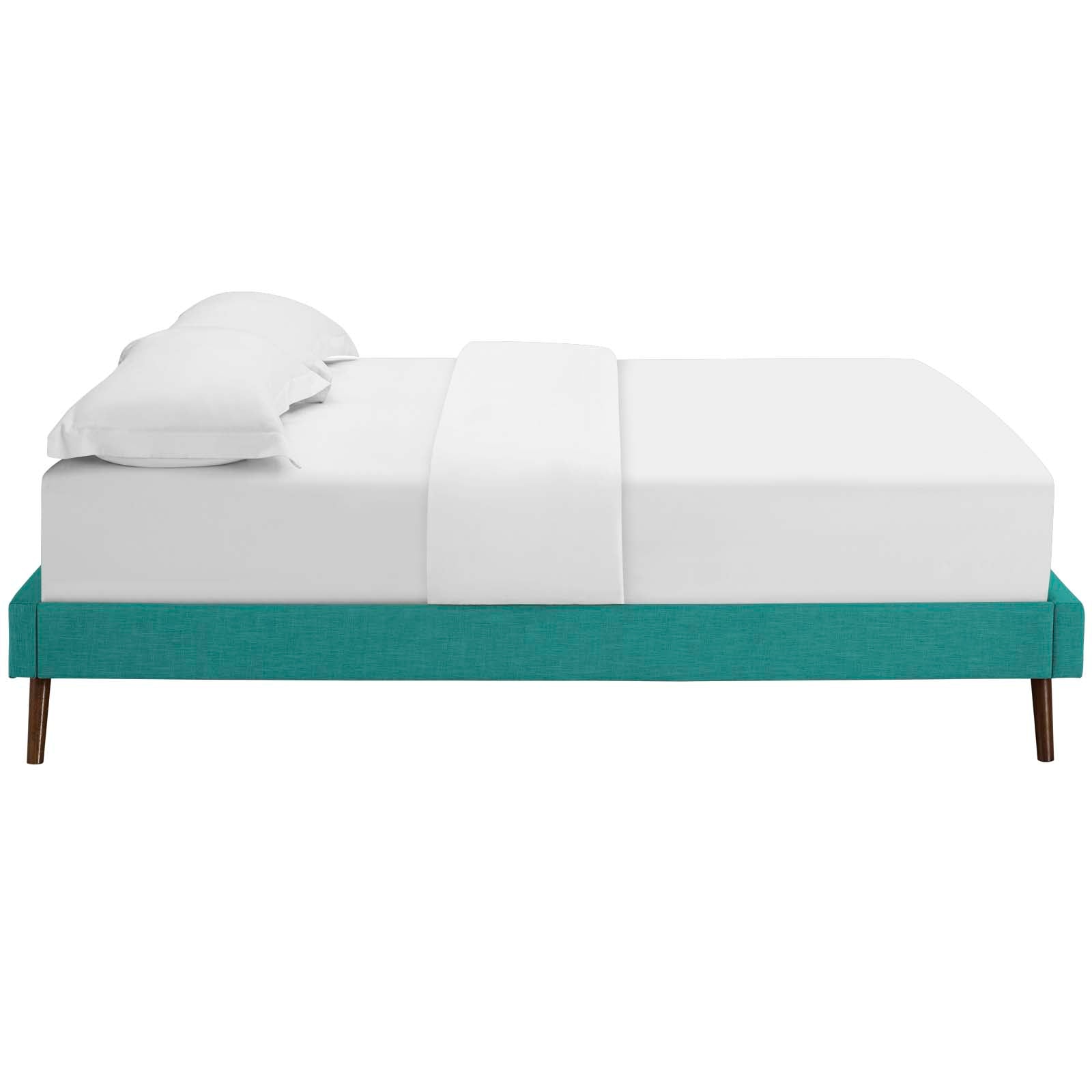 Teal upholstered bed frame with white mattress & pillows, round splayed legs, mid-century modern bedroom furniture.