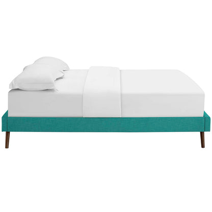 Teal upholstered bed frame with white mattress & pillows, round splayed legs, mid-century modern bedroom furniture.