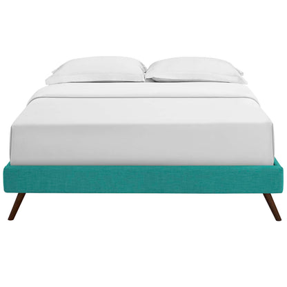 Teal fabric queen bed frame with round splayed legs, white bedding and pillows.