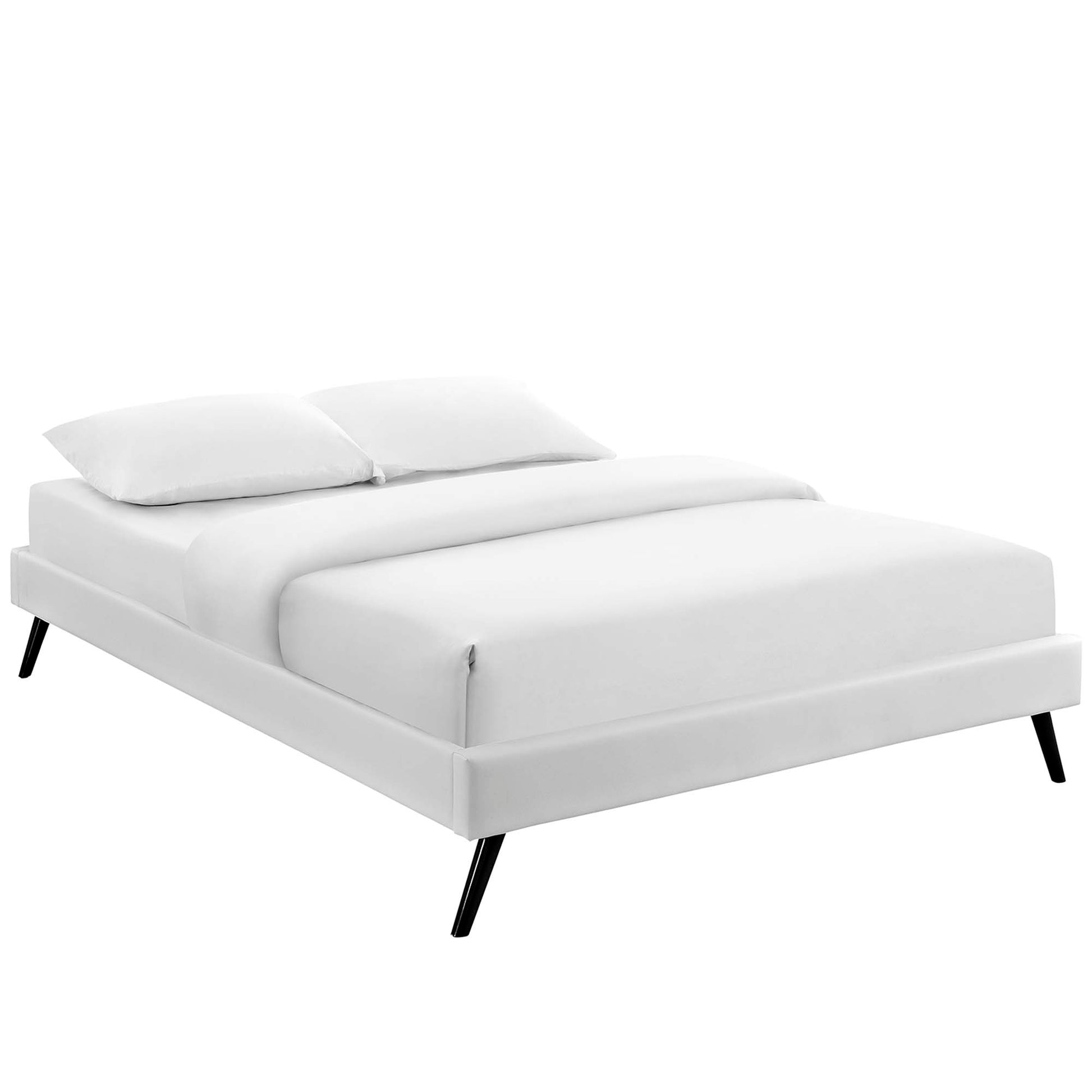 White vinyl king bed frame with a low-profile design, round splayed legs, and white bedding.