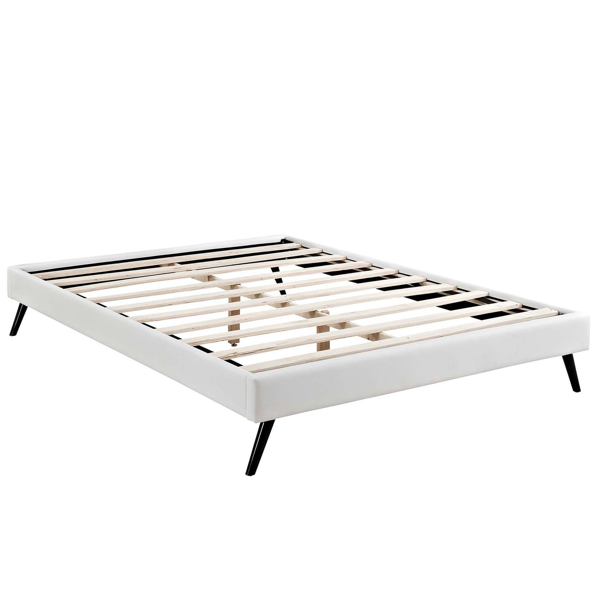 White vinyl king bed frame with round splayed legs