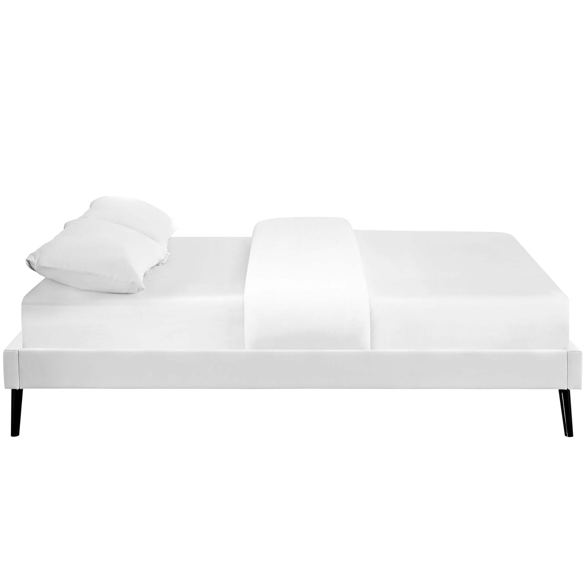 White vinyl king bed frame with round splayed legs, white bedding and two pillows.
