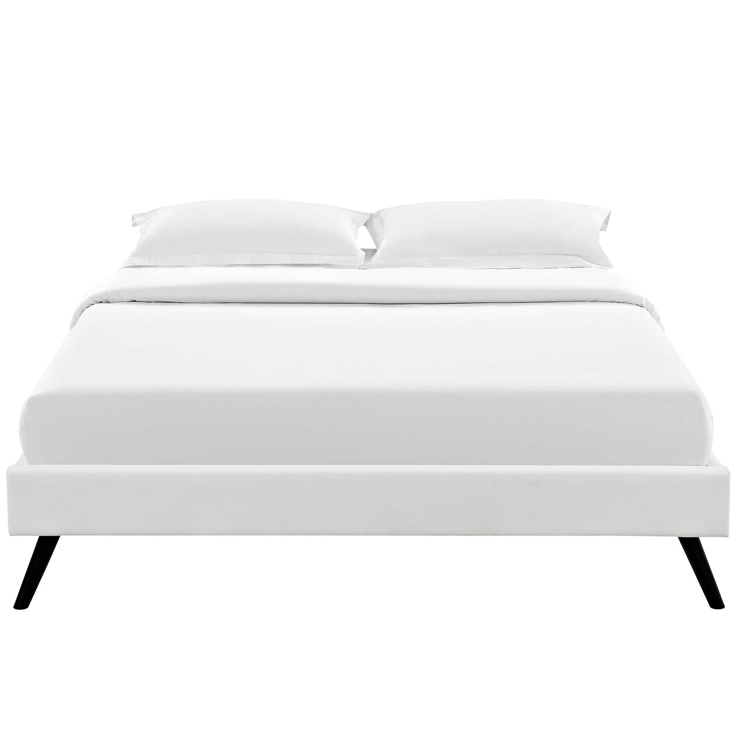 White vinyl king bed frame with round splayed legs, white bedding, and two pillows.
