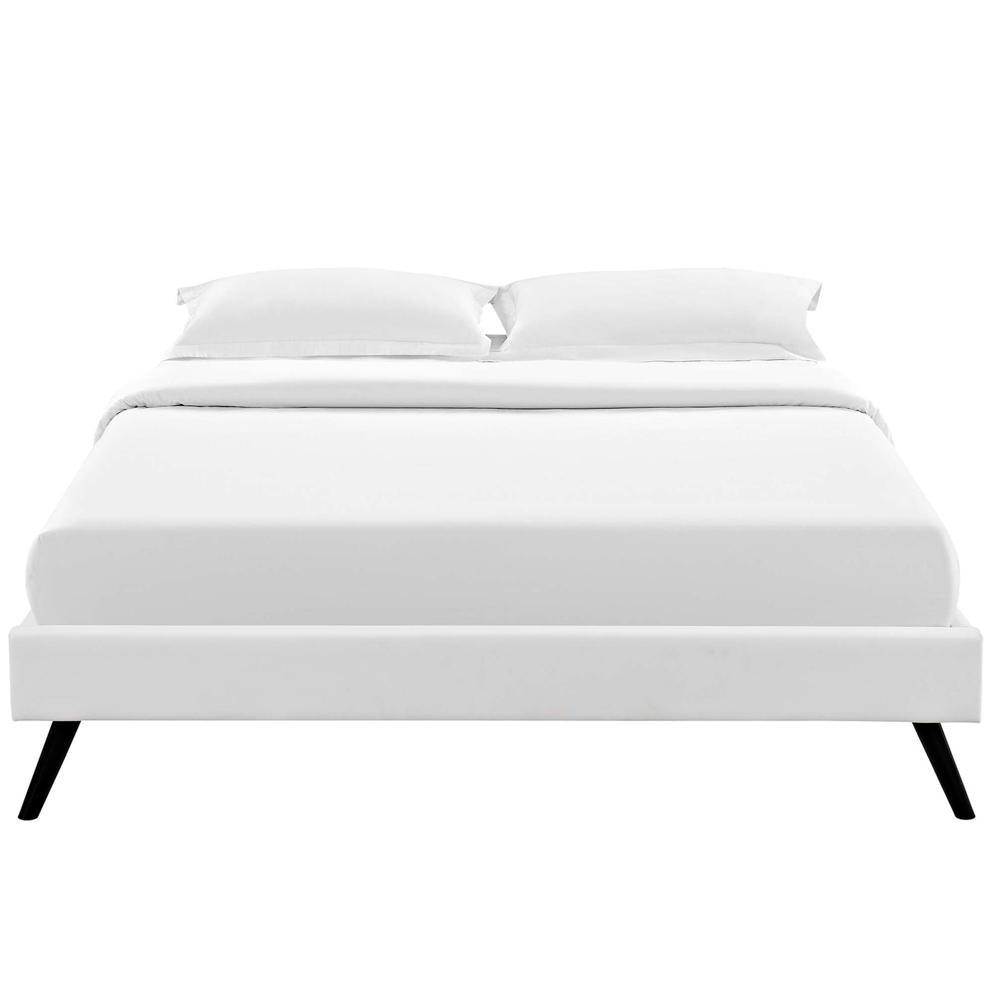 White vinyl king bed frame with round splayed legs, white bedding, and two pillows.