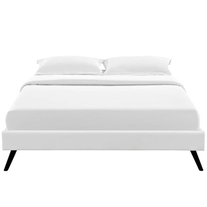 White vinyl king bed frame with round splayed legs, white bedding, and two pillows.