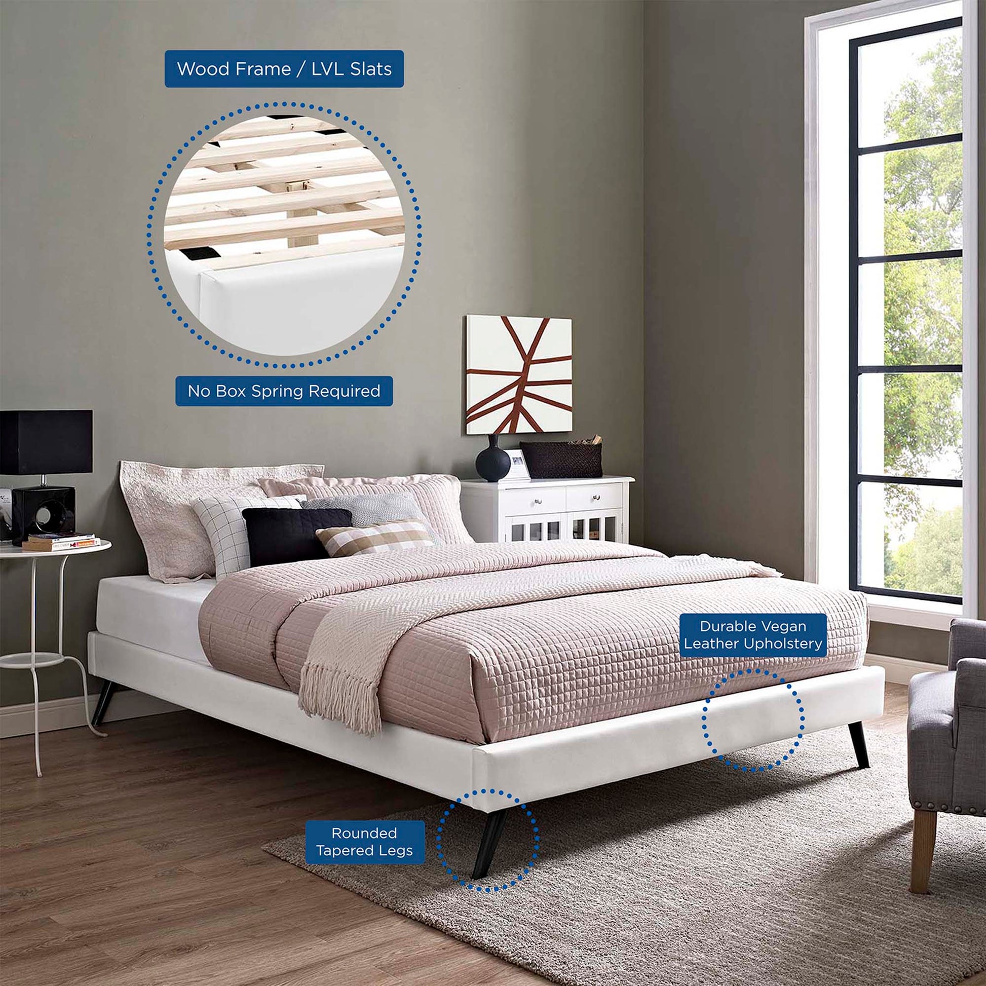White vinyl king bed frame with round splayed legs; no box spring.