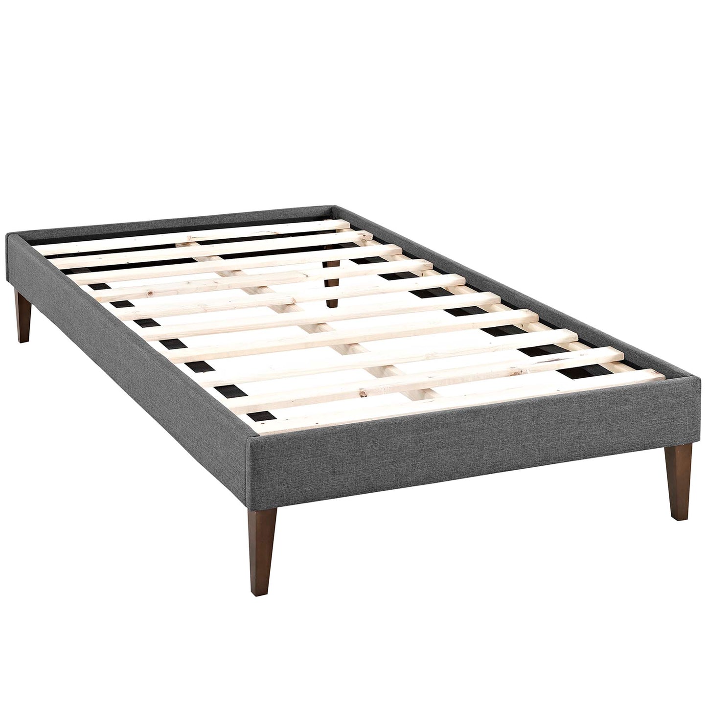 Grey fabric upholstered platform bed frame with a slatted wooden base and tapered legs.