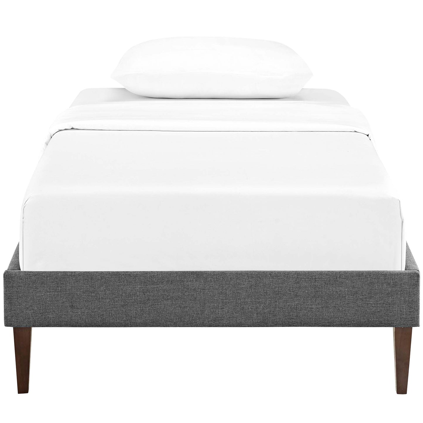 Modern gray fabric twin bed frame with white linens, a single pillow and squared tapered legs.