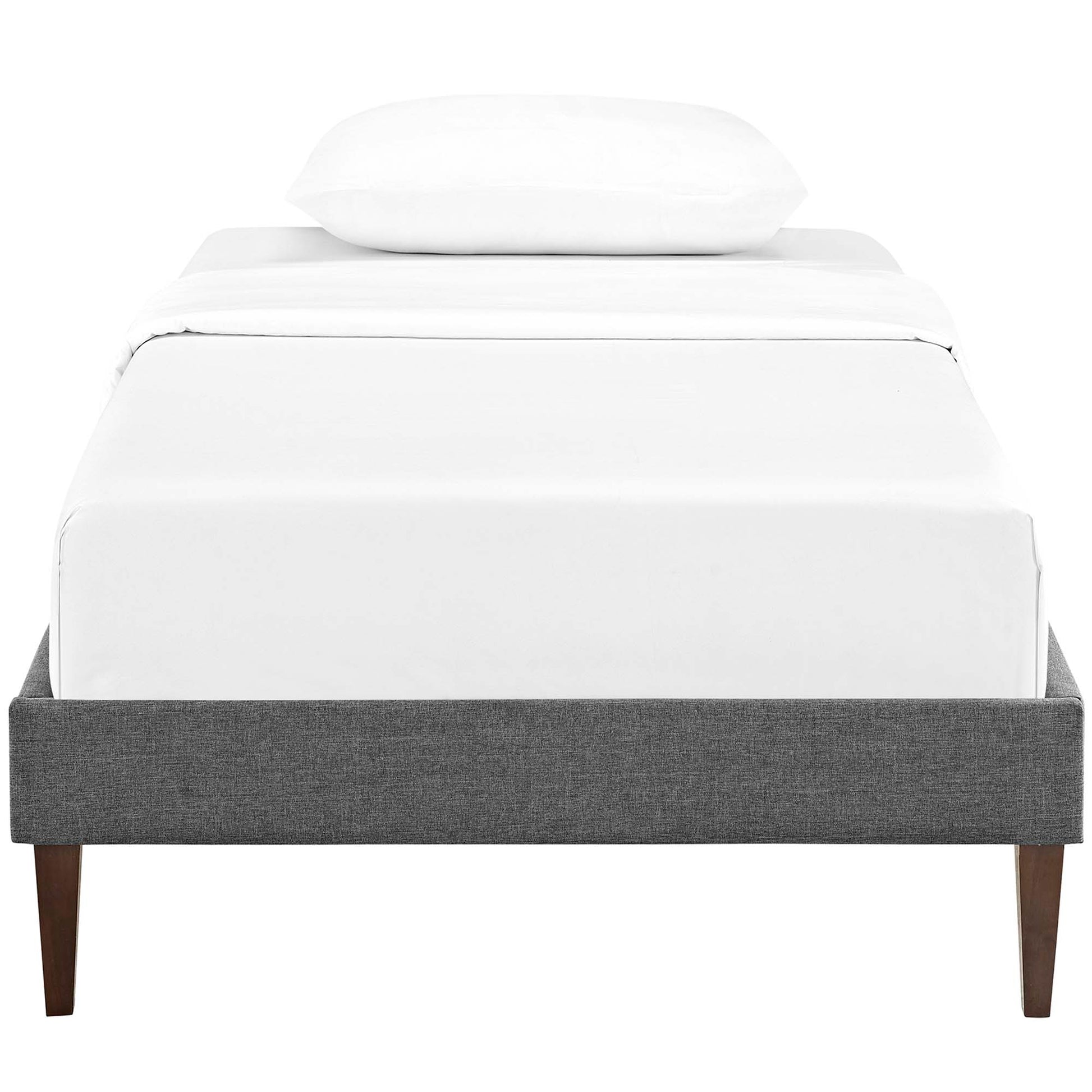 Modern gray fabric twin bed frame with white linens, a single pillow and squared tapered legs.