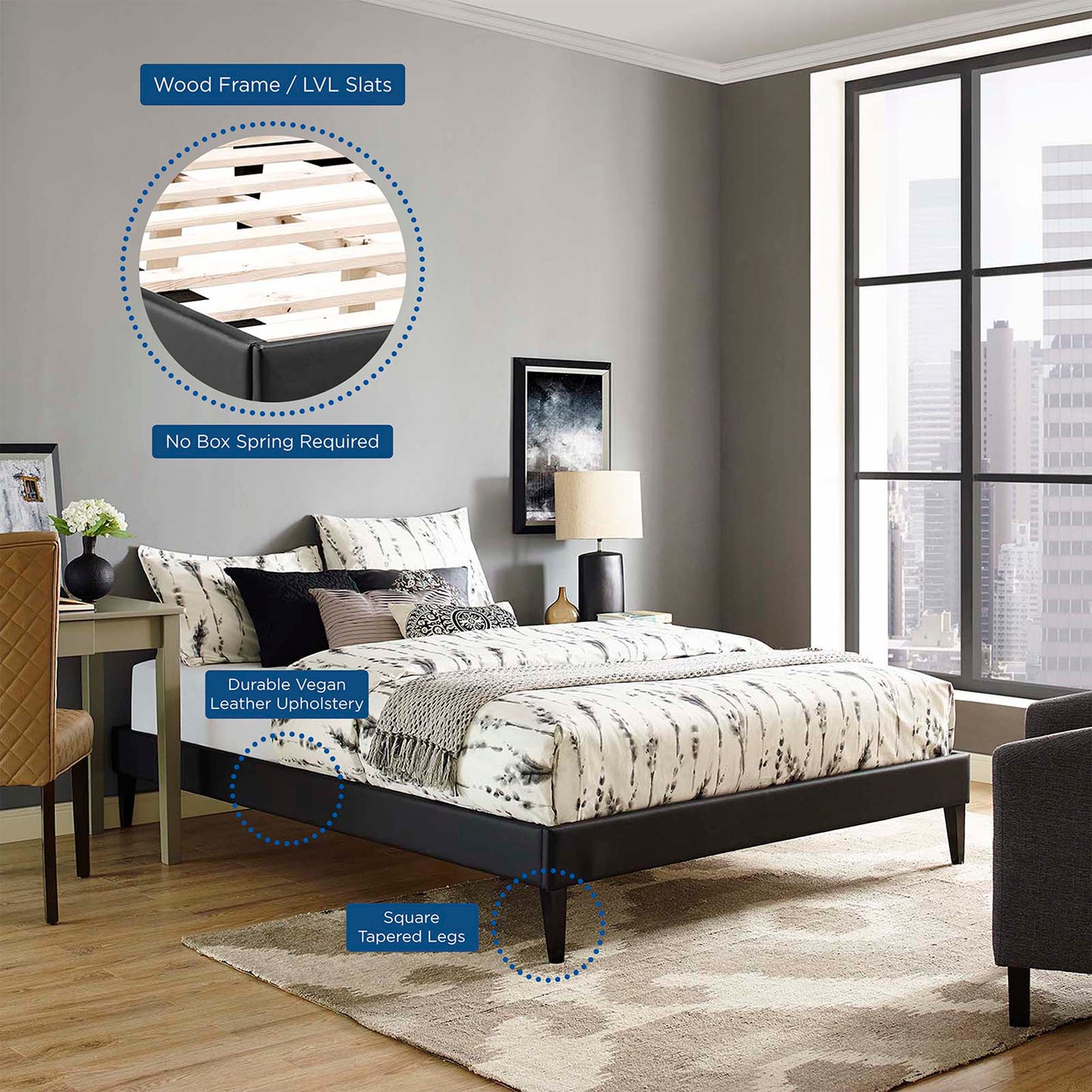 Modway Outlet Tessie Vinyl Full Bed Frame with Squared Tapered Legs by Modway  Bedroom Furniture Black - MOD-5896-BLK