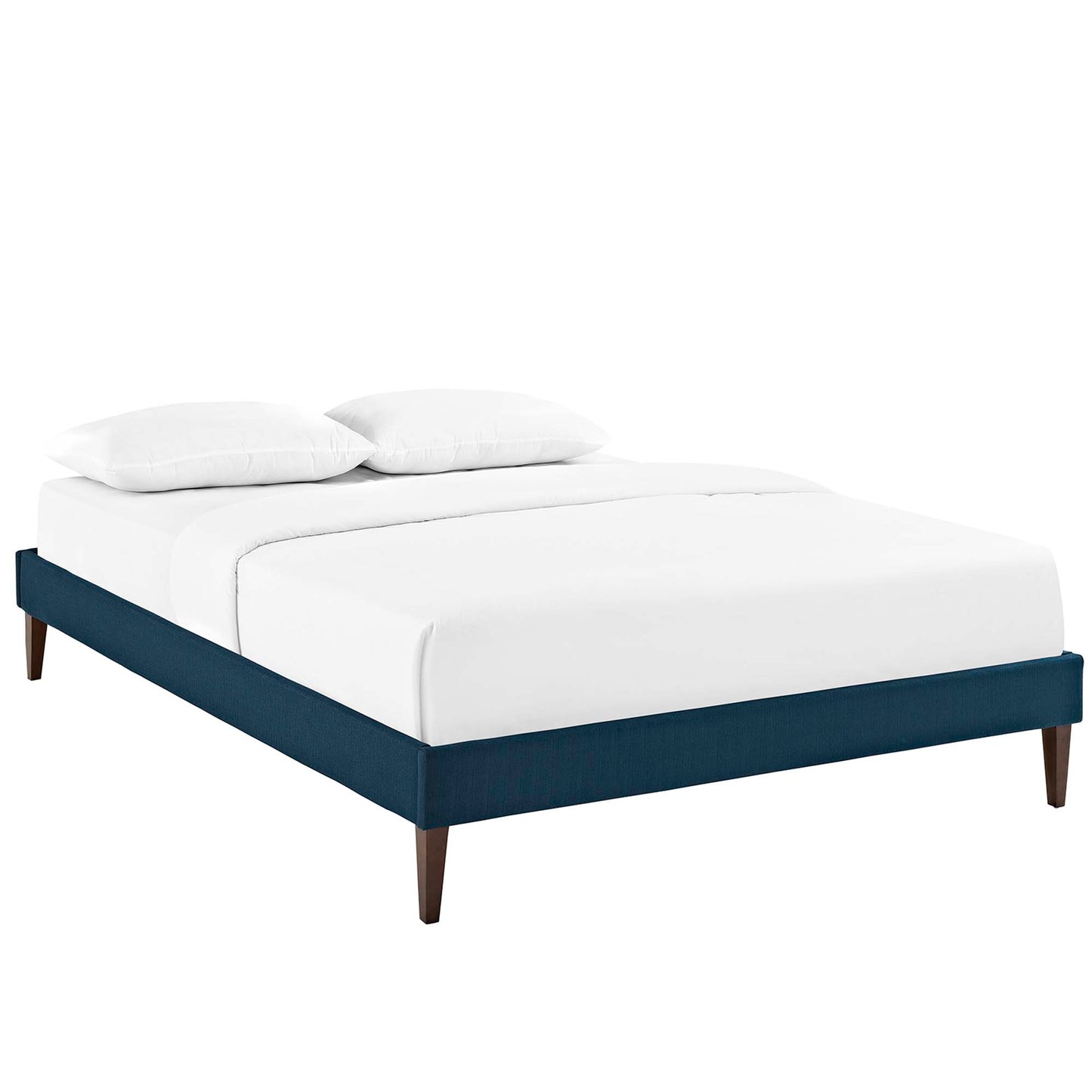 Azure-blue upholstered full bed frame with squared tapered legs.