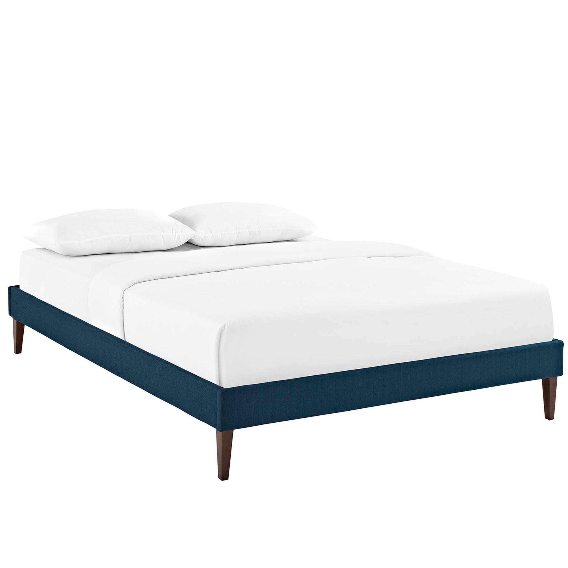 Azure-blue upholstered full bed frame with squared tapered legs.