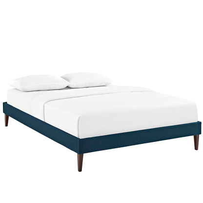 Azure-blue upholstered full bed frame with squared tapered legs.