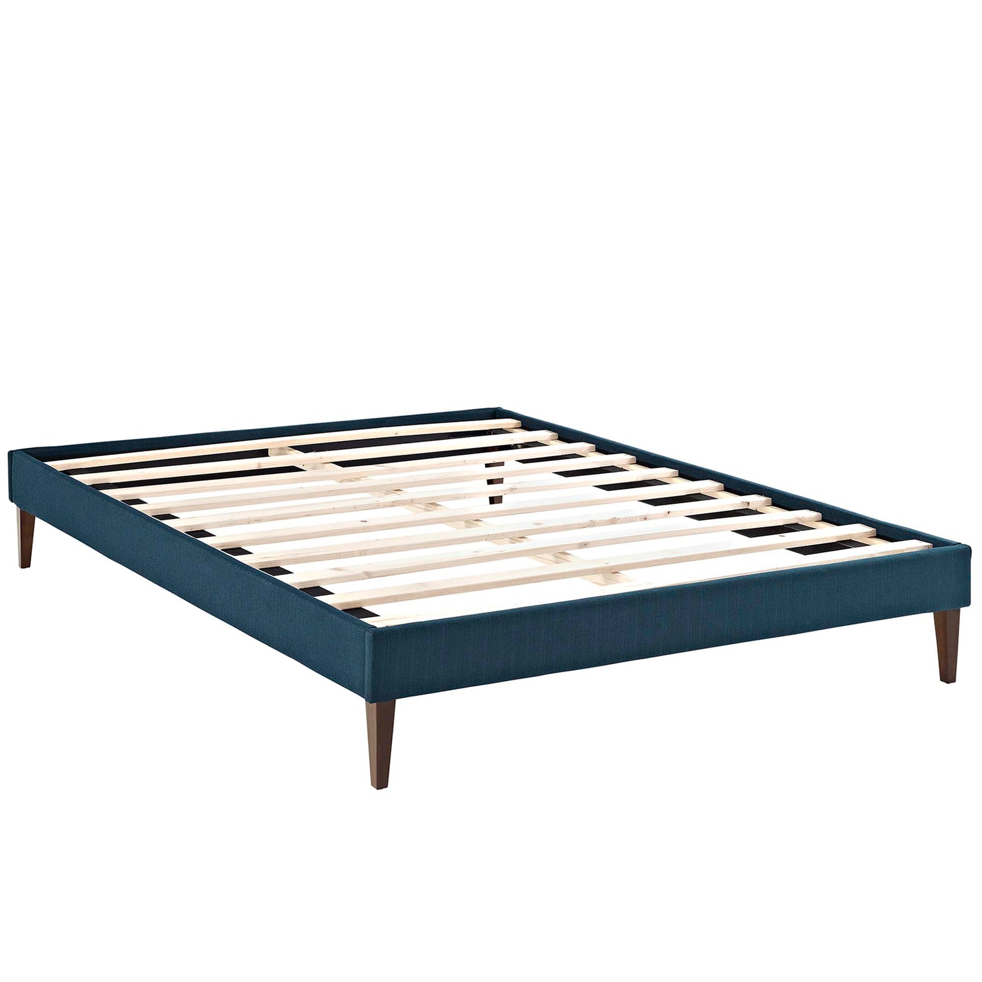 Teal upholstered platform bed frame with natural wood slats and tapered legs in a mid-century modern style.