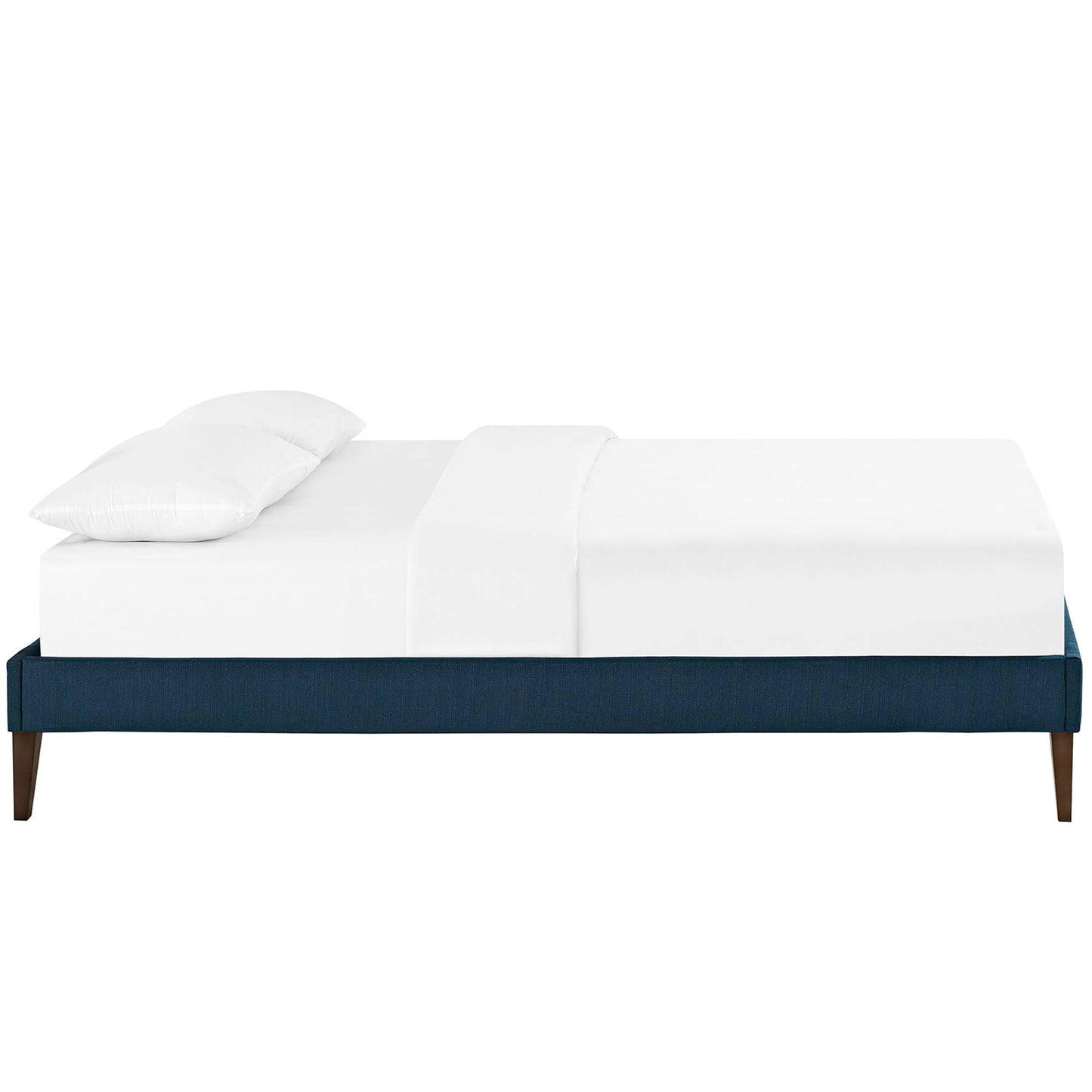 Azure fabric full bed frame with squared tapered legs, shown with white bedding for a modern, low-profile look.