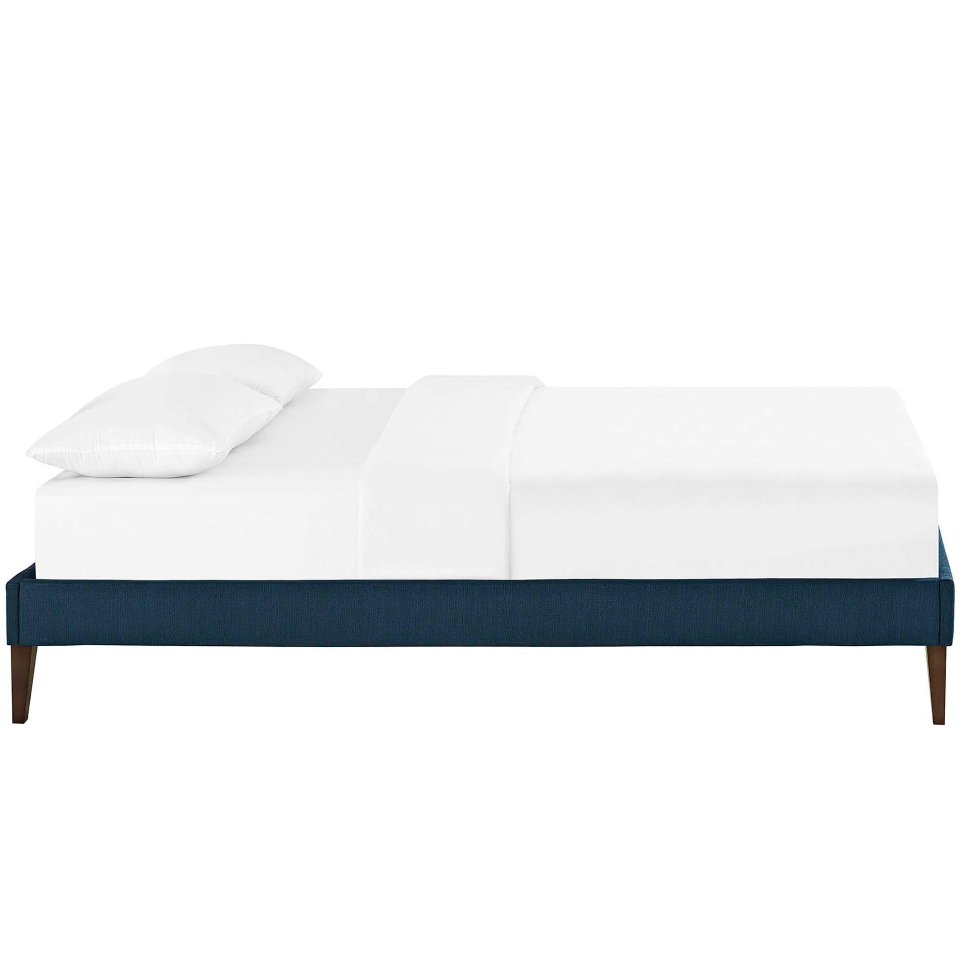 Azure fabric full bed frame with squared tapered legs, shown with white bedding for a modern, low-profile look.
