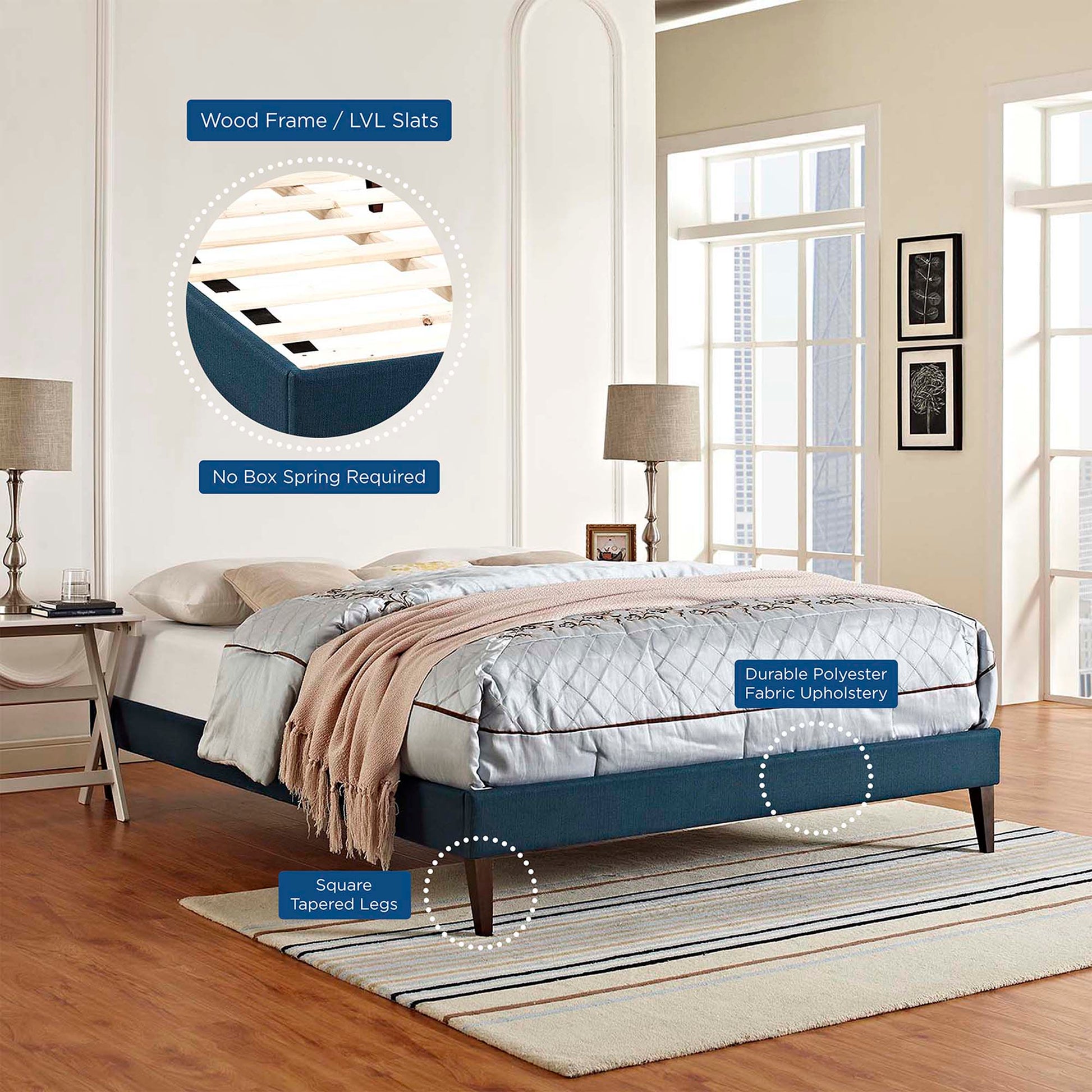 Azure fabric full bed frame with squared tapered legs and LVL slats; no box spring needed; gray quilted comforter.