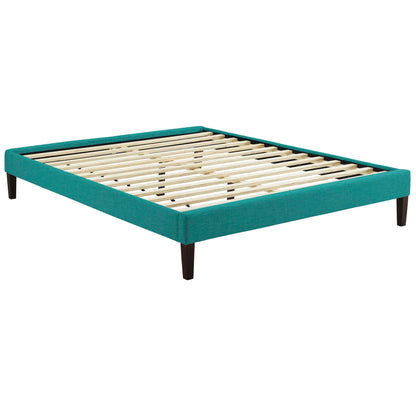Teal upholstered platform bed frame with slatted wooden base and dark tapered legs.