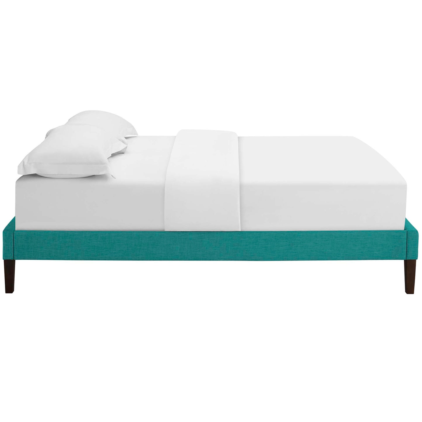 Teal upholstered king bed frame with squared tapered legs, white bedding and two pillows.
