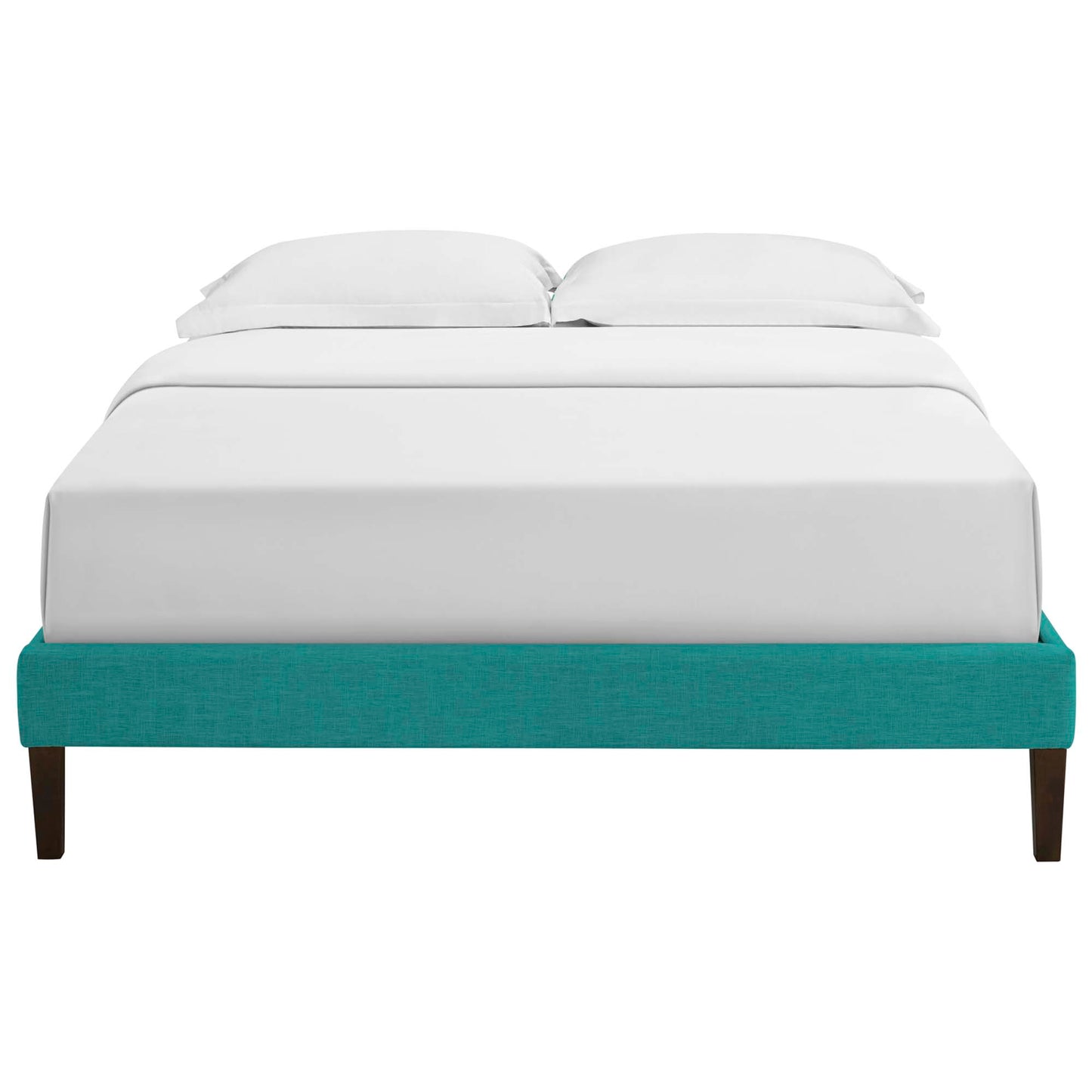 Teal fabric king bed frame with white linens and two pillows, squared tapered legs.